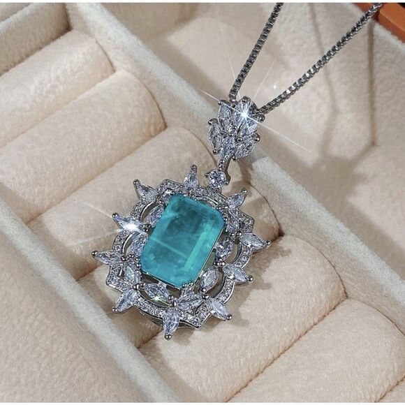 Jewelry - Lab Created  Paraiba Tourmaline &Zircon vintage inspired silver Pendant necklace